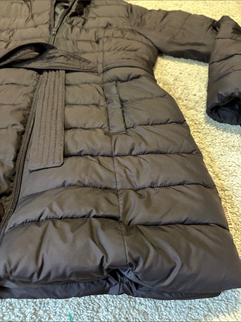 HOLLISTER Women's Faux Fur Trim Quilted Belted Parka Jacket Brown Large - Picture 2 of 8